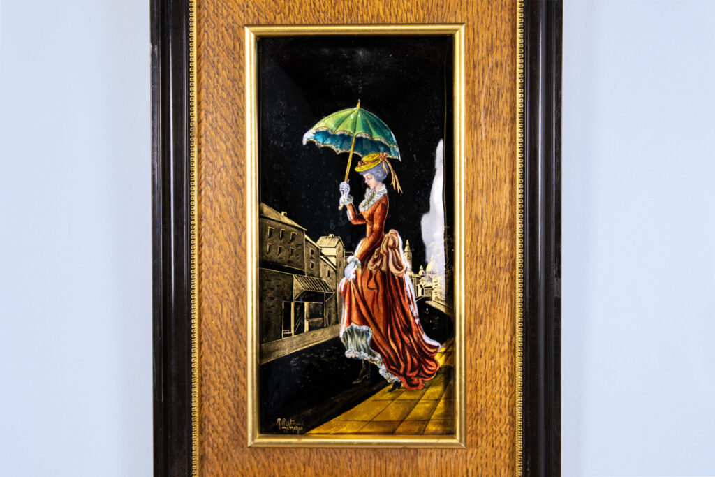Вінтажний емалевий живопис «Під дощем», Р. Рестуе (R.Restoueix)