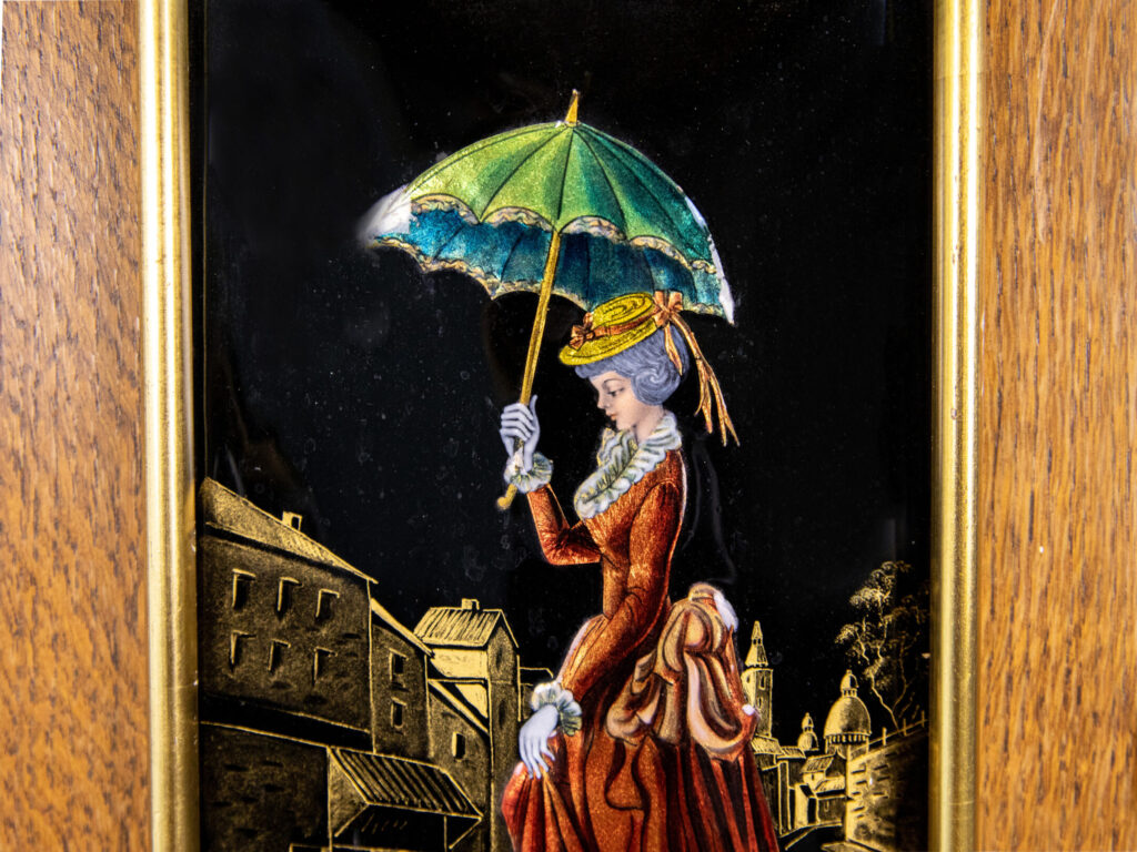 Вінтажний емалевий живопис «Під дощем», Р. Рестуе (R.Restoueix)