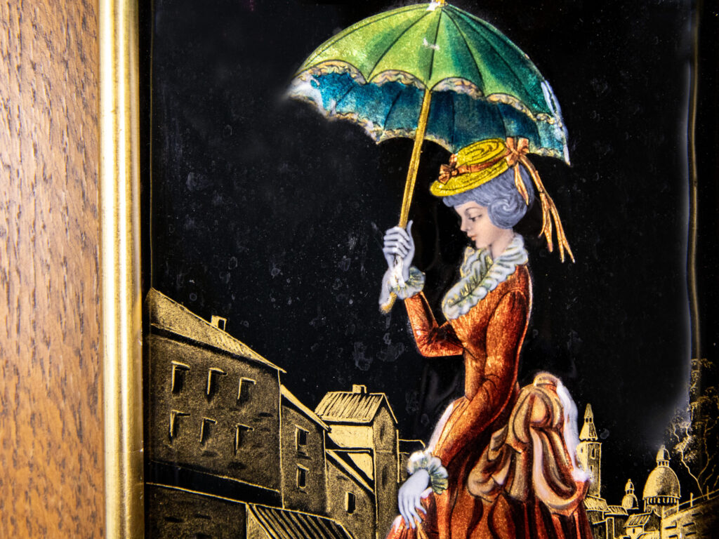 Вінтажний емалевий живопис «Під дощем», Р. Рестуе (R.Restoueix)