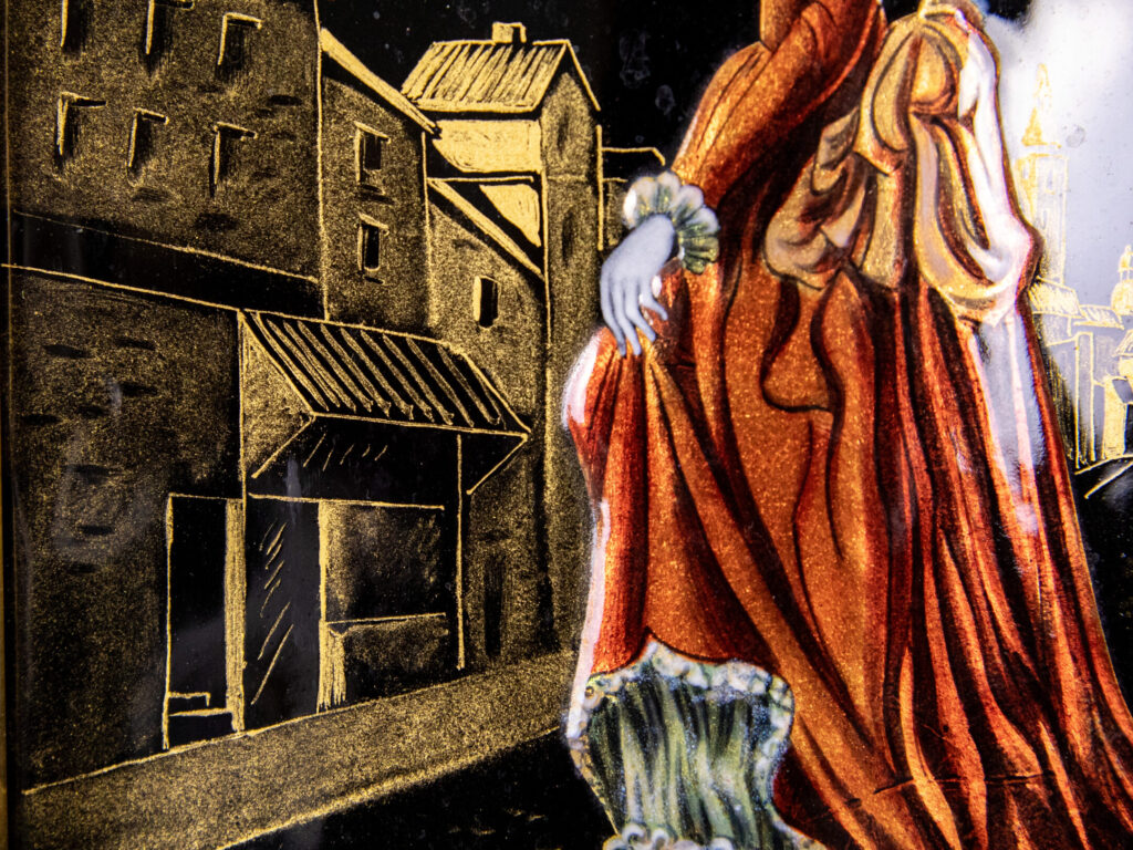 Вінтажний емалевий живопис «Під дощем», Р. Рестуе (R.Restoueix)