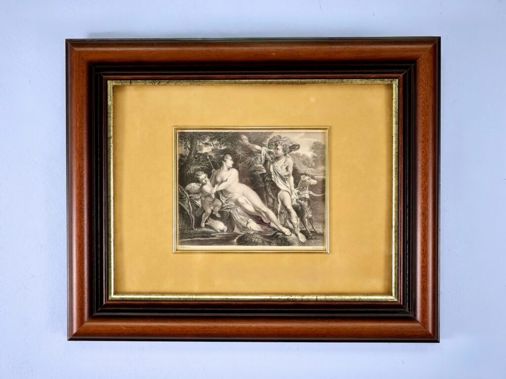 Антикварная гравюра «Венера, Адонис и Купидон»