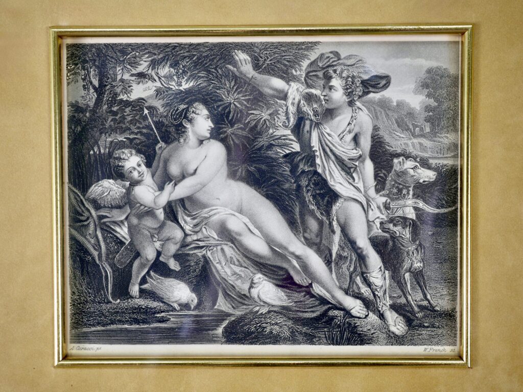 Антикварная гравюра «Венера, Адонис и Купидон»