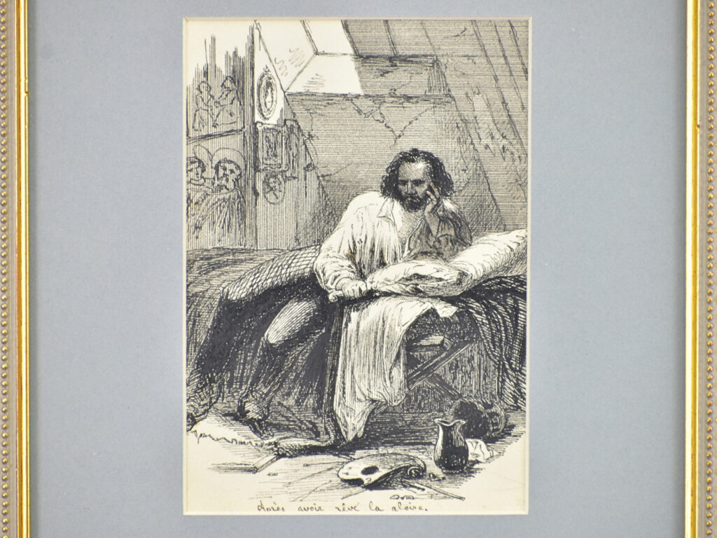 Антикварний офорт «Художник у мансарді», А. Валантен (Henri Valentin)
