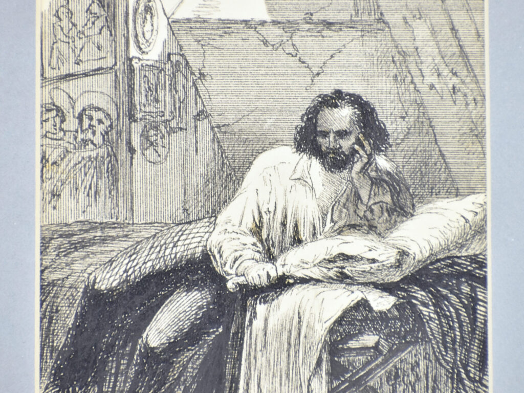 Антикварний офорт «Художник у мансарді», А. Валантен (Henri Valentin)