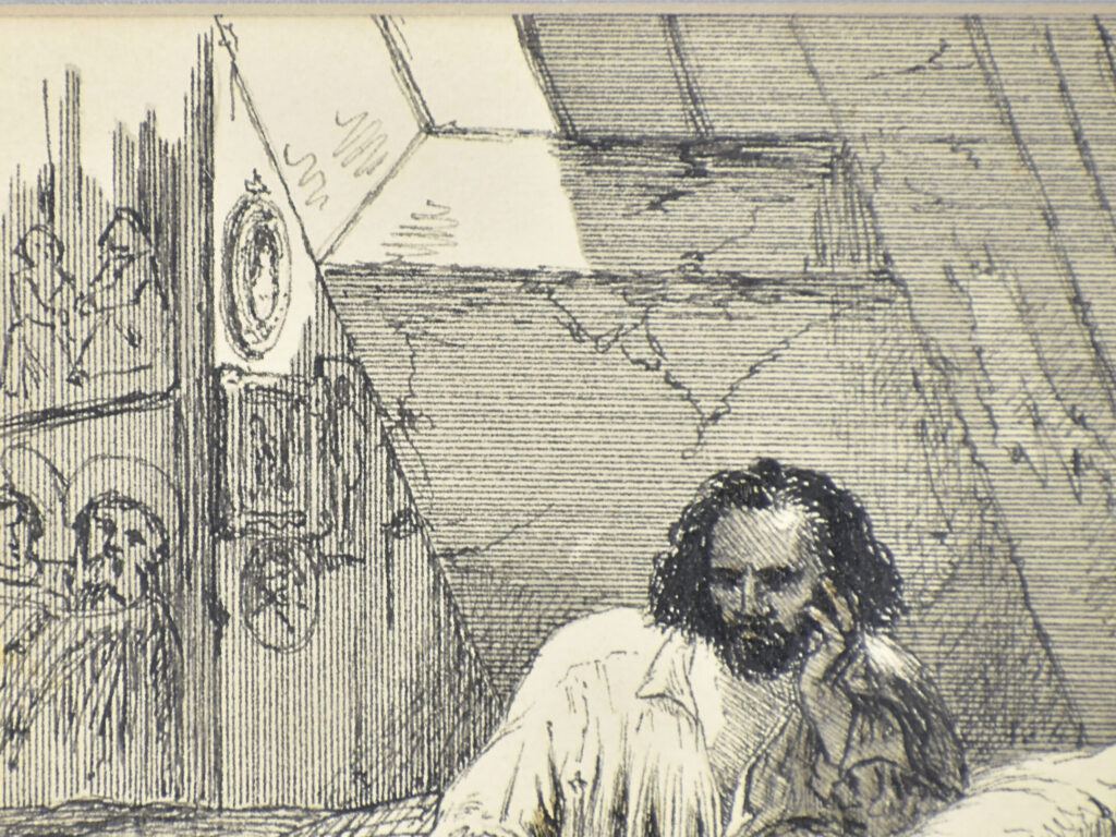Антикварний офорт «Художник у мансарді», А. Валантен (Henri Valentin)